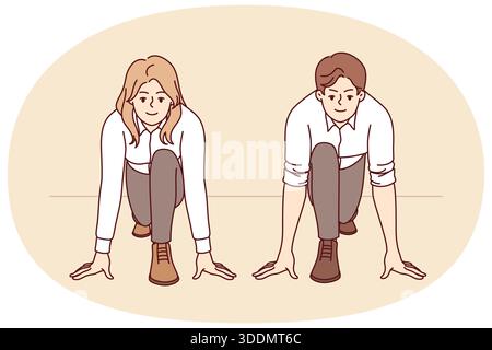 Geschäftsleute stehen in der Pose von Läufern und bereiten sich auf den Start vor, als Metapher für den Wettbewerb der Kollegen. Geschäftswettbewerb Mann und Frau, die anfangen, um eine freie Stelle im Unternehmen zu kämpfen Stock Vektor