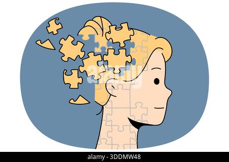 Psychologisches Konzept mit Frau aus Mosaik, die zu einem Ganzen zusammenkommt, als Metapher für die psychische Gesundheit. Mädchen erholt sich von psychischen Krankheiten, gewinnt Selbstvertrauen und Motivation Stock Vektor