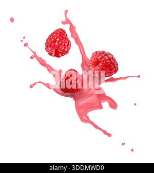 Milchschütteln Spritzen und Himbeeren in der Luft auf weißem Hintergrund Stockfoto