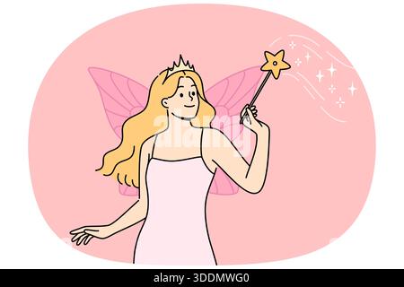 Die Fee mit Zauberstab führt Zauberei aus, steht mit Flügeln hinter dem Rücken, trägt Kleid und Krone. Zauberin Mädchen aus dem Märchen über cinderella flog herein, um Schwierigkeiten zu bewältigen Stock Vektor