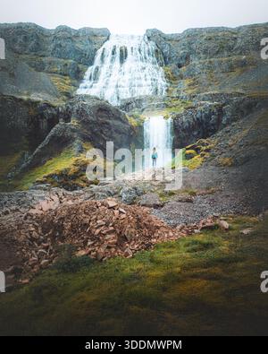 Blick aus der Vogelperspektive auf den Dynjandi-Wasserfall, der durch schroffe Klippen, eingerahmt von moosigem Grün und felsigem Gelände, Highlands, Island, stürzt. Stockfoto
