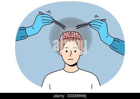 Neurochirurgische Operation am Gehirn eines Menschen, der in die Kamera blickt, in der Nähe von zwei Ärzthänden mit Pinzette steht. Neurochirurgische Forschung und Suche nach Möglichkeiten zur Verbesserung menschlicher Neuronen Stock Vektor