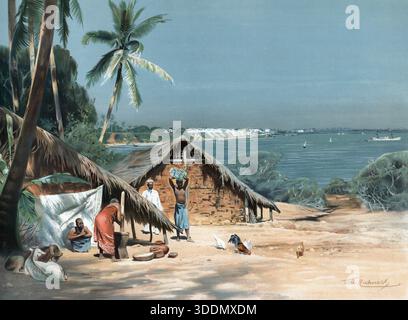 Hütte und Eingeborene am Strand von dar es Salaam, 1905, bedeutsame Stadt und Handelshafen an der Küste des Indischen Ozeans in Tansania, authentische Stockfoto