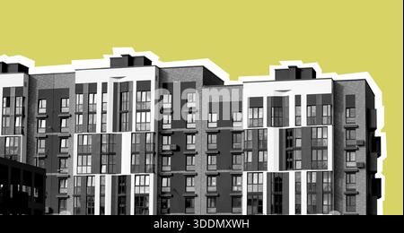 Stilisiertes Schwarzweißbild eines modernen mehrstöckigen Wohngebäudes mit geometrischen Fassadenmustern, weißem Rahmen und mehreren Fenstern Stockfoto