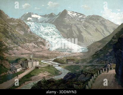 Rhonegletscher, Talgletscher im Quellgebiet der Rhone im äußersten Nordosten des Kantons Wallis in den Zentralalpen der Schweiz, um 1890, authentische Nachbildung einer Schulwandkarte, historisch, exaktes Datum unbekannt Stockfoto