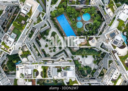 Aus der Vogelperspektive auf einen einzigartigen Wohnkomplex mit Swimmingpools und üppigem Grün, der eine harmonische Mischung aus Architektur und Natur zeigt, Interlace Co Stockfoto