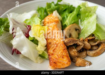 Ein Teller besteht aus gegrilltem Lachs mit einer Beilage von sautierten Pilzen und frischem gemischtem Gemüse. Das Gericht ist ordentlich angeordnet und zeigt die lebhaften Farben von Stockfoto