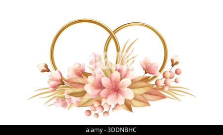 Elegante goldene Eheringe mit zarten Aquarellblumen, perfekt für Verlobungseinladungen, Geburtstagskarten oder Hochzeitszeremonien mit Stock Vektor