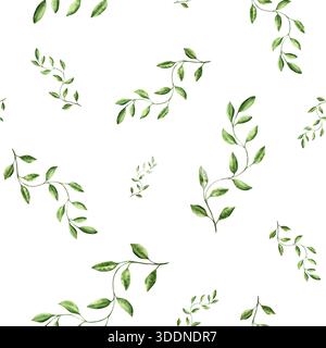 Verzweigung mit Blättern. Nahtloses Aquarellmuster, handgezeichnet, in Pastellfarben gezeichnete grüne Liana. Isolierte botanische Illustration auf transparentem Hintergrund Stockfoto