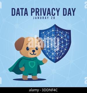 Vorlage für Datenschutz-Tag mit einem niedlichen Superhelden Hund und Schild Stock Vektor