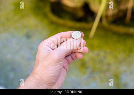 Die Hand eines Mannes, der einen 10 Cent Euro in einen Brunnen wirft, um sich etwas zu wünschen Stockfoto