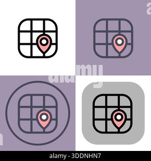 Dieses vielseitige Symbolset zeigt eine Positionsnadel auf einer Rasterkarte und eignet sich perfekt für Navigations-Apps und standortbasierte Dienste. Die verschiedenen Styles bieten Design Stock Vektor
