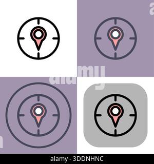 Dieser vielseitige Symbolsatz zeigt eine Positionsnadel in einem Zielabbild an – ideal für Navigation, GPS- und standortbasierte Apps oder Websites. Mehrere DE Stock Vektor