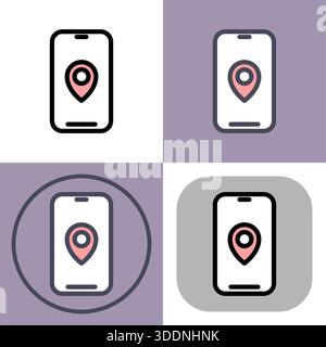Diese Symbolgruppe zeigt ein Smartphone mit einer Positionsangabe an – ideal für mobile Navigations-, GPS- und Kartenanwendungen. Verschiedene Stile sind im Lieferumfang enthalten Stock Vektor