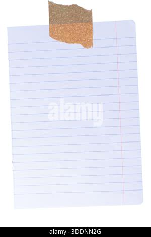 Vertikal ausgelegtes Notizbuch-Papier, fixiert mit Klebeband, klassisches Schreibpapier für den Bildungsbereich. Stockfoto