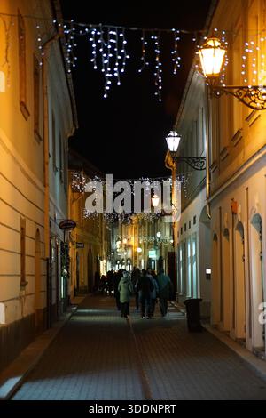 Leute laufen nachts entlang einer schmalen, festlichen Straße in Eger, Ungarn, dekoriert mit Winterlichtern. Eger, Ungarn Stockfoto