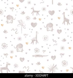 Skurriles Safari-Muster mit stilisierten Darstellungen von Elefanten, Giraffen, Vögeln und anderen Tieren. Weitere Elemente sind Palmen und Sonnen Stockfoto