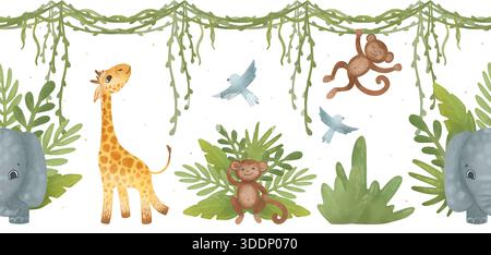 Nahtlose Grenze mit einer tropischen Szene, einer Giraffe, Affen, einem Elefanten, Vögeln. Zeichentrickillustration in flachem Stil. Aquarell, Pastellfarben. Für Design Stockfoto