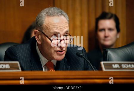 Senator Charles Schumer (D-N.Y) hält Eröffnungsbemerkungen während einer Anhörung, an der eine Gruppe hochrangiger Beamter des Ministeriums für Homeland Security, John Wagner, stellvertretender stellvertretender kommissar des Büros für Außeneinsätze des US-Zoll- und Grenzschutzes, anwesend ist; Anh Duong, Direktor der Abteilung für Grenzschutz und Seefahrt der Advanced Research Projects Agency von Homeland Security; Craig Healy, stellvertretender Direktor der Abteilung für Einwanderungs- und Zollbehörden der Abteilung für nationale Sicherheitsuntersuchungen; und Rebecca Gambler, Direktorin für Homeland Security and Justice Issues des United States Government Accountability Office. Stockfoto