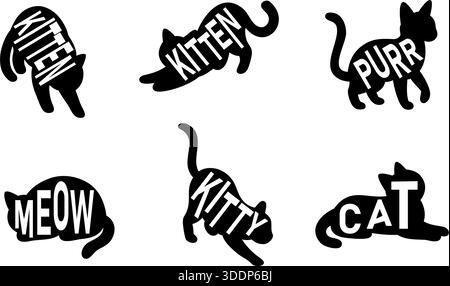 Typographische Silhouetten von Katzen mit Worten. Kreative schwarze Vektor-Illustrationen, die Tiere und Text kombinieren Stock Vektor