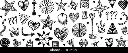 Beliebte abstrakte Formen, handgezeichnetes Set mit schwarzen Linien. Skizzieren Sie trendige, skurrile, isolierte Schilder. Herzen, Kreise, Sterne, Krone, Pfeile, usw. Monoch Stock Vektor