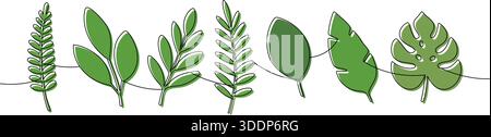 Elegante, durchgehende Linienzeichnung tropischer Blätter. Minimalistische botanische Kunst für Einrichtung und Design Stock Vektor