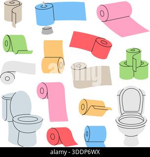 Vektorsatz von bunten Toilettenpapierrollen und Toilettenschalen auf weißem Hintergrund. Kollektion mit Icons im Badezimmer Stock Vektor