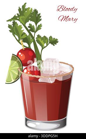 Detaillierte Illustration eines klassischen Bloody Mary Cocktails in einem kurzen Glas mit Eiswürfeln, Kirschtomaten, Selleriestange, Salzrand und Limettengarne Stock Vektor