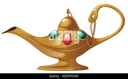 Luxuriöse goldene arabische Öllampe mit aufwändigen Gravuren und eingebetteten farbigen Edelsteinen, komplett mit einer Metallkette Stock Vektor