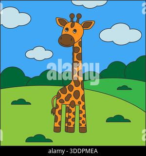 Kindervektor-Illustration einer Giraffe, die auf einem hellen Feld von Gras und Blumen steht. Stock Vektor
