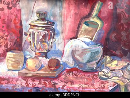 Gouache Stillleben, Samovar, Äpfel, Topf, Becher auf Seidenmuster Stockfoto