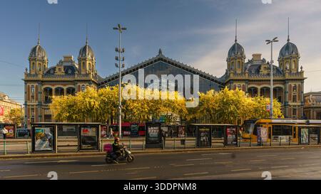 30.10.25. Bahnhof Nugati in Budapest, Ungarn. Erstaunliche fallsfarbene Bäume im Vordergrund hinter der Straßenbahnhaltestelle. Stockfoto