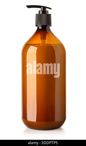 Braunglasflasche mit schwarzem Pumpspender mit Flüssigseife auf weißem Hintergrund Stockfoto
