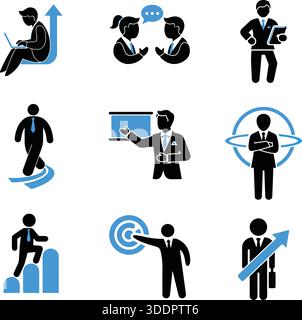 Symbole für die Silhouette von Geschäftsleuten: Professionelle Corporate-Charaktere für Führung, Wachstum, Teamwork, Strategie und Erfolgsvektorsatz. Stock Vektor