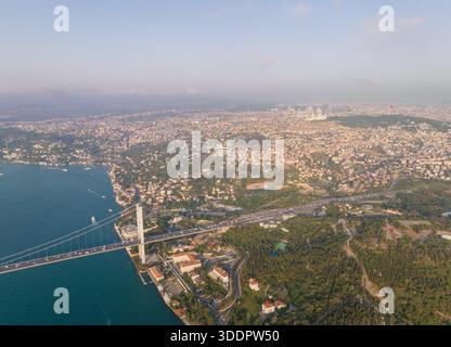 Atemberaubender Blick aus der Luft auf Istanbul mit der Bosporus-Brücke, der Stadtlandschaft und dem ruhigen blauen Wasser. Das Bild fängt das Wesen eines geschäftigen Lebens ein Stockfoto
