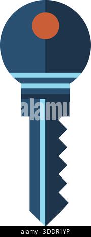 Ein blauer Metallschlüssel mit rundem Kopf und Zickzackzähnen in einem klaren, flachen Stil. Stock Vektor