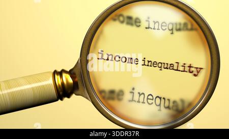 Einkommensungleichheit unter Lupe. Suche, Untersuchung und Inspektion der Einkommensungleichheit. Schauen Sie sich genauer an und analysieren Sie Einkommensungleichheit. Stockfoto