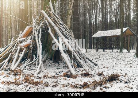 Ein handgefertigter, schlanker Unterschlupf, der aus Holzästen gegen einen Baumstamm in einem schneebedeckten Laubwald gebaut wurde. Stockfoto