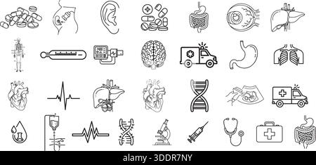 Medizinische Symbole, einschließlich menschlicher Organe und Gesundheitssymbole Stock Vektor