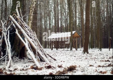 Ein handgefertigter, schlanker Unterschlupf, der aus Holzästen gegen einen Baumstamm in einem schneebedeckten Laubwald gebaut wurde. Stockfoto