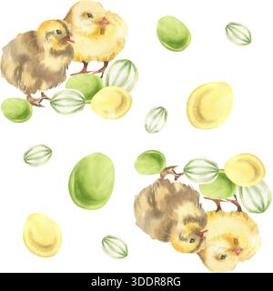 Glückliches Osterfrühling nettes nahtloses Aquarellmuster mit gelben Küken und bunten Eiern Illustration. Hand gezeichneter festlicher Pastellhintergrund mit Reli Stockfoto