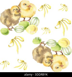 Ostergelbe Küken, farbenfrohe Eier und romantische Bögen nahtloses Muster. Handgezeichneter Frühling netter Hintergrund mit Bauernhofvögeln und Osterdekor Stockfoto