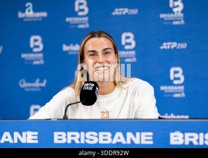 Brisbane, Qld, Australien. Januar 2026. ARYNA SABALENKA aus Belarus spricht während einer Pressekonferenz vor der Brisbane International vor den Medien. (Kreditbild: © Stephane Thomas/ZUMA Press Wire) NUR REDAKTIONELLE VERWENDUNG! Nicht für kommerzielle ZWECKE! Quelle: ZUMA Press, Inc./Alamy Live News Stockfoto