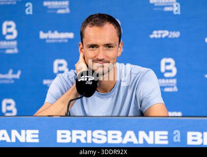 Brisbane, Qld, Australien. Januar 2026. DANIIL MEDWEDEW aus Russland spricht während einer Pressekonferenz vor der Brisbane International vor den Medien. (Kreditbild: © Stephane Thomas/ZUMA Press Wire) NUR REDAKTIONELLE VERWENDUNG! Nicht für kommerzielle ZWECKE! Quelle: ZUMA Press, Inc./Alamy Live News Stockfoto