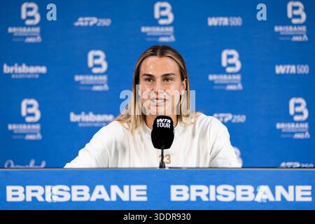 Brisbane, Qld, Australien. Januar 2026. ARYNA SABALENKA aus Belarus spricht während einer Pressekonferenz vor der Brisbane International vor den Medien. (Kreditbild: © Stephane Thomas/ZUMA Press Wire) NUR REDAKTIONELLE VERWENDUNG! Nicht für kommerzielle ZWECKE! Quelle: ZUMA Press, Inc./Alamy Live News Stockfoto