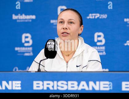 Brisbane, Qld, Australien. Januar 2026. AMANDA ANISIMOVA aus den Vereinigten Staaten spricht während einer Pressekonferenz vor der Brisbane International vor den Medien. (Kreditbild: © Stephane Thomas/ZUMA Press Wire) NUR REDAKTIONELLE VERWENDUNG! Nicht für kommerzielle ZWECKE! Quelle: ZUMA Press, Inc./Alamy Live News Stockfoto