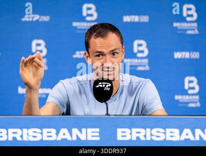 Brisbane, Qld, Australien. Januar 2026. DANIIL MEDWEDEW aus Russland spricht während einer Pressekonferenz vor der Brisbane International vor den Medien. (Kreditbild: © Stephane Thomas/ZUMA Press Wire) NUR REDAKTIONELLE VERWENDUNG! Nicht für kommerzielle ZWECKE! Quelle: ZUMA Press, Inc./Alamy Live News Stockfoto