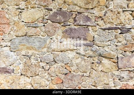 Textur einer alten Steinmauer mit Spuren von Kalk. Rustikaler Hintergrund, ideal für Design und Architektur. Stockfoto