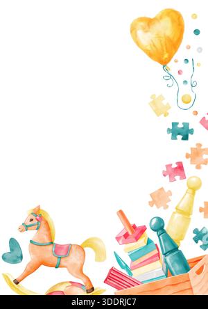 Vertikaler Rahmen im Cartoon-Stil für Kindergeburtstag. Schaukelpferd, Ballon, Puzzles, Pyramide, Kegel. Handgemalte Aquarellfarbe Stockfoto