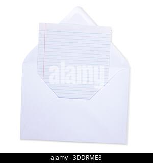 Weißer Umschlag mit offener Klappe, der ein leeres liniertes Papier freilegt. Draufsicht, isoliert auf weißem Hintergrund. Stockfoto